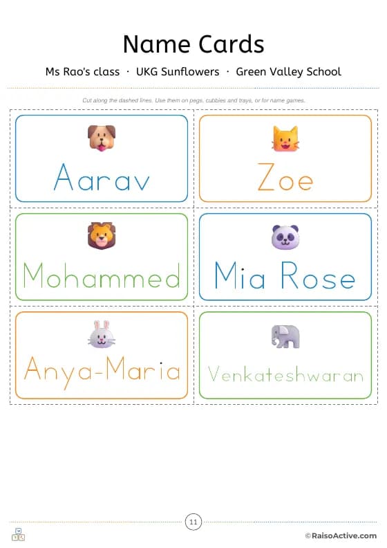 Name cards for pegs, cubbies and trays