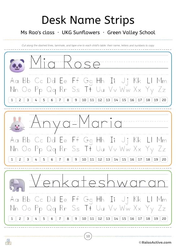 Desk name strips: name, alphabet and numbers 1 to 20