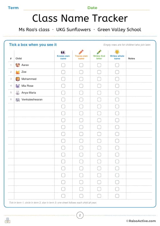 Class name tracker with tick boxes for every child