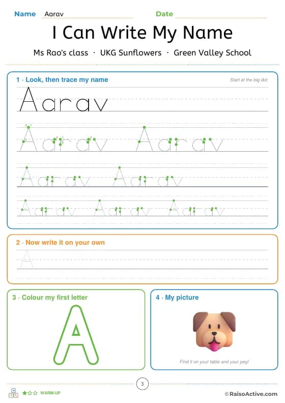 A name tracing worksheet for every child, their name already on it