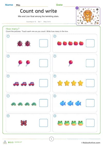Counting to 10: count the pictures and write how many