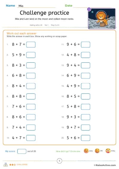 Practice at three levels, with a score and a “how did it go?”