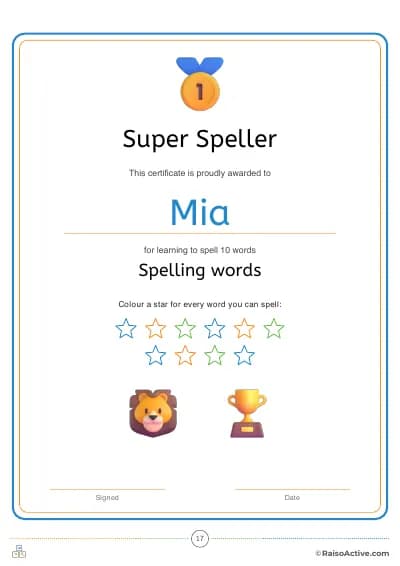 A Super Speller certificate, with a star for every word