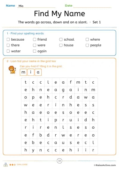 Find my name: a word search with their words and their name hidden