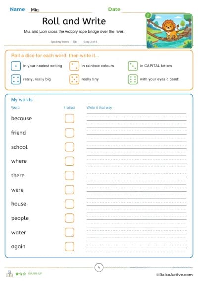 Roll and write: roll a dice, then write the word that way