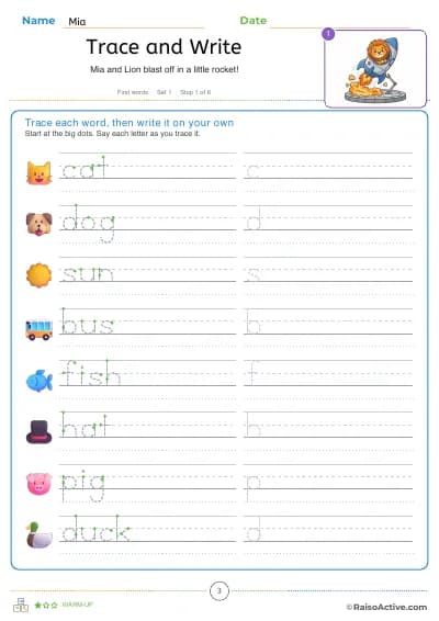 First words: trace each word, then write it