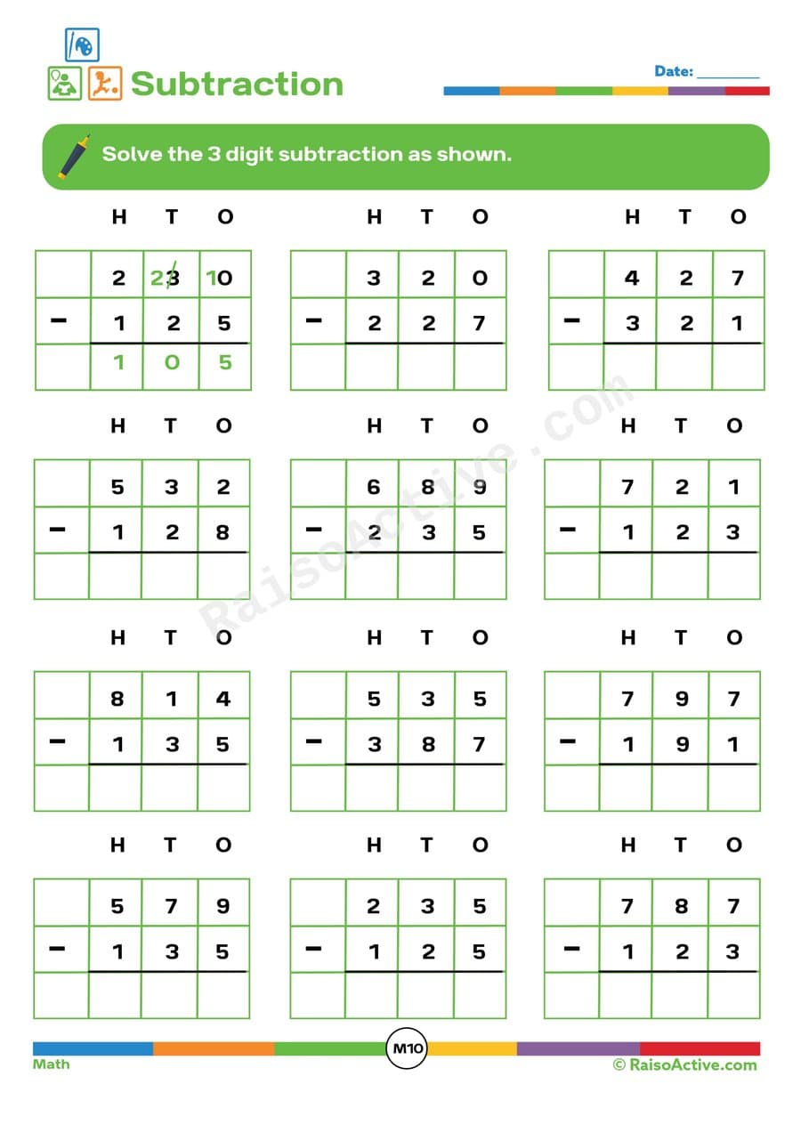 3-Digit Subtraction Worksheet for Kids