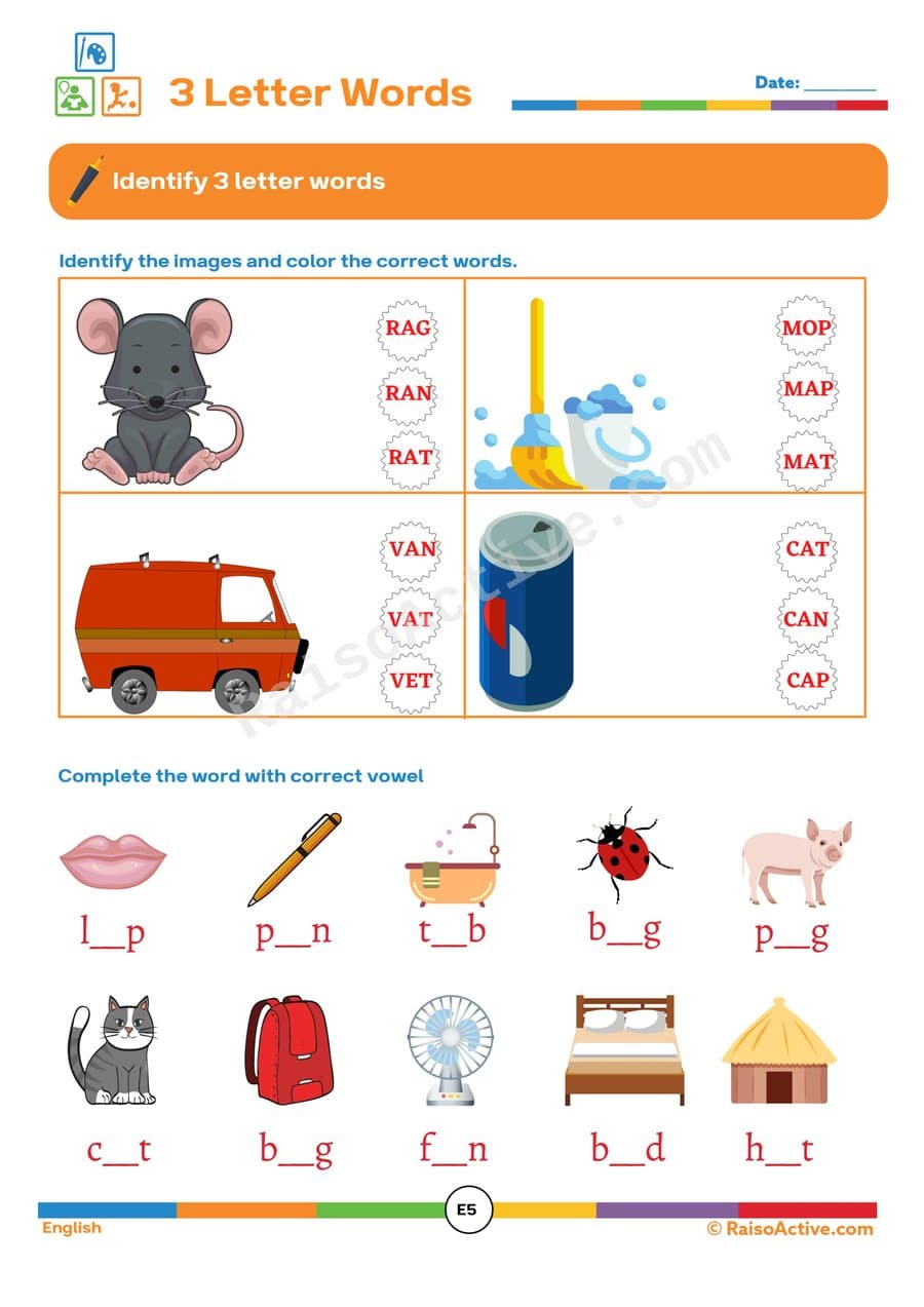 3 Letter Words Worksheet: Identify and Color!