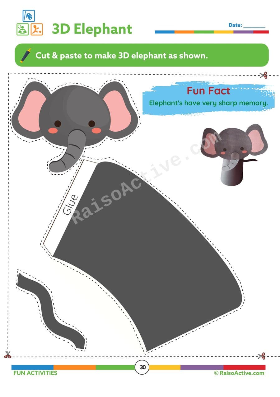 3D Elephant Craft Worksheet for Preschoolers
