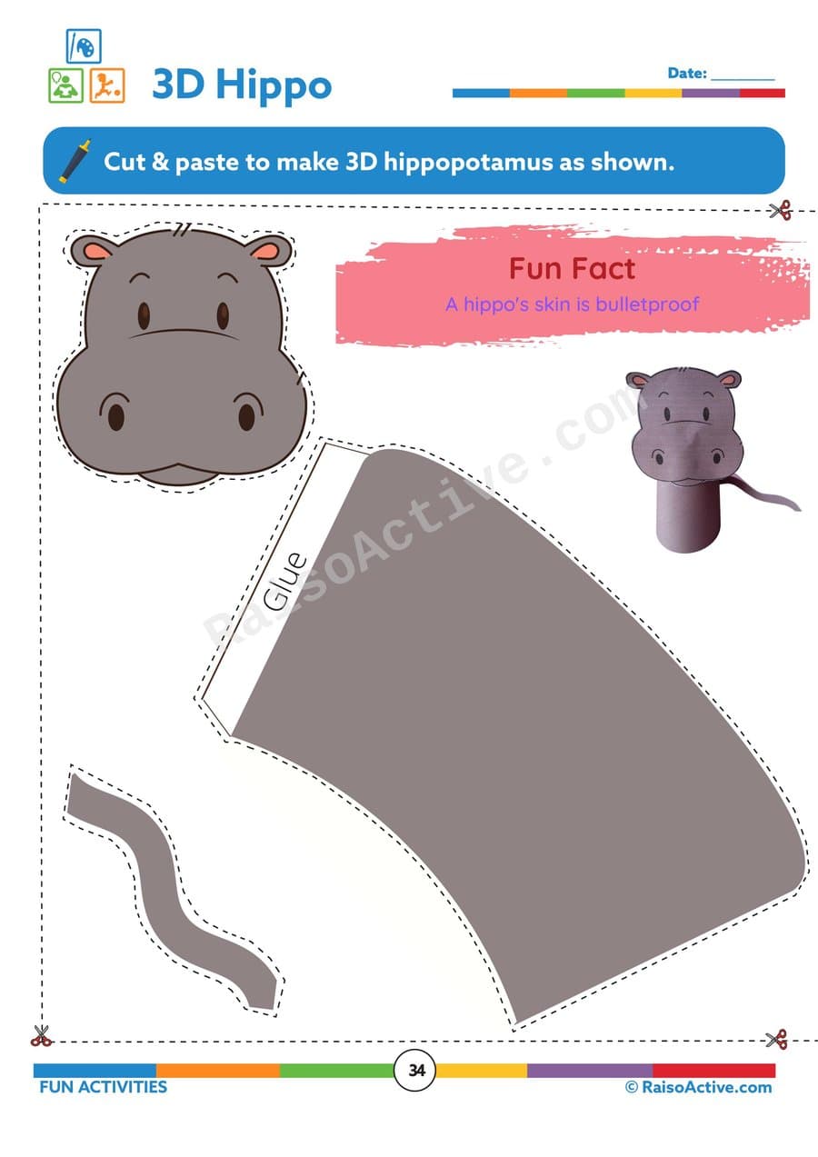 3D Hippo Cut & Paste Worksheet for Preschoolers