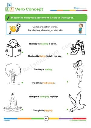 Action Verbs Worksheet: Match and Color!