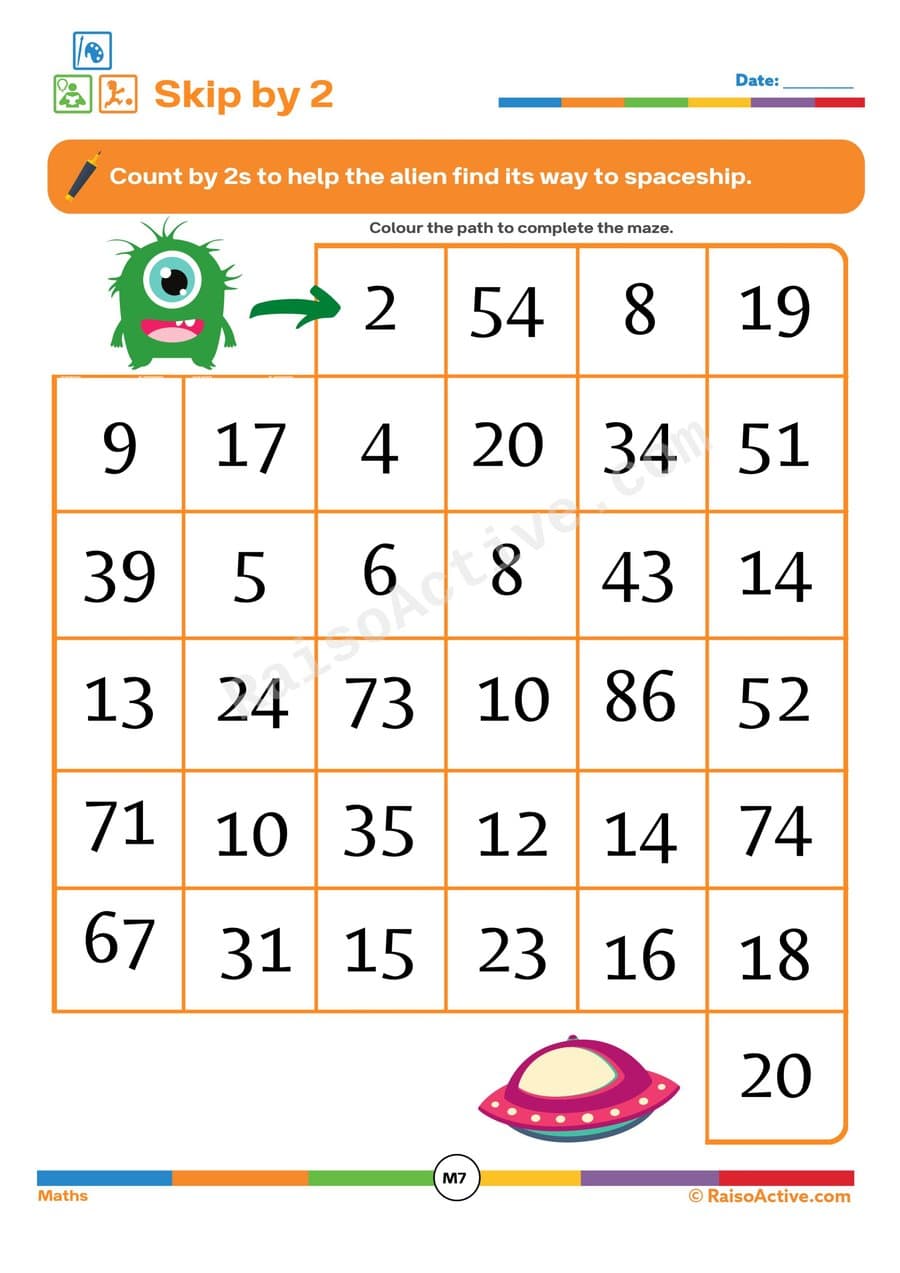 Alien Maze: Skip Counting by 2s Worksheet