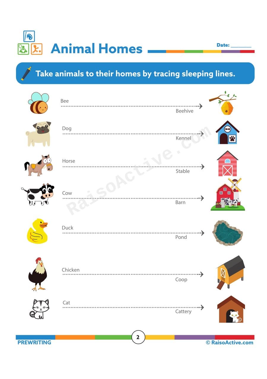 Animal Homes Tracing Worksheet for Preschoolers