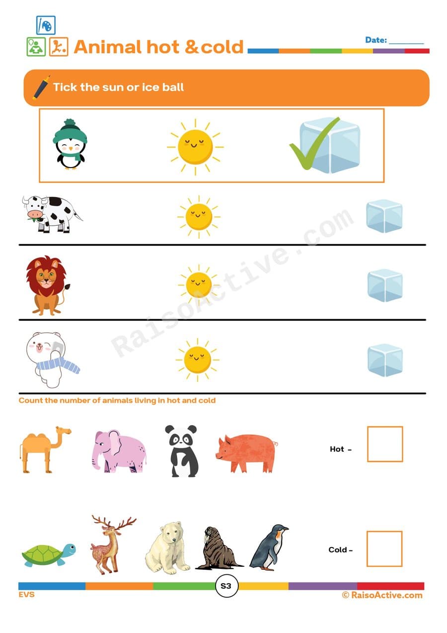 Animal Hot and Cold Worksheet for Preschoolers