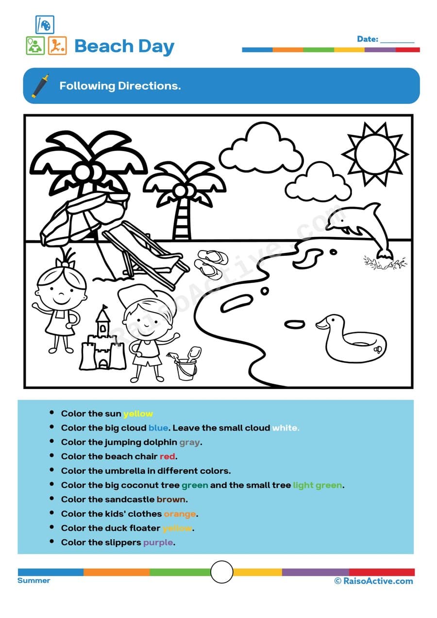 Beach Day Coloring Worksheet for Preschoolers