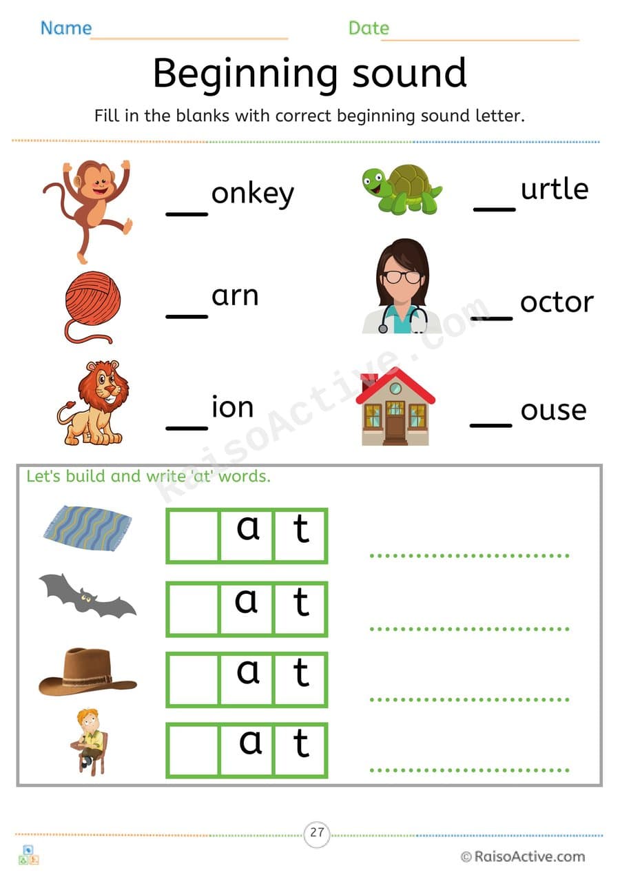 Beginning Sounds and 'at' Word Building Worksheet – free printable writing worksheet preview