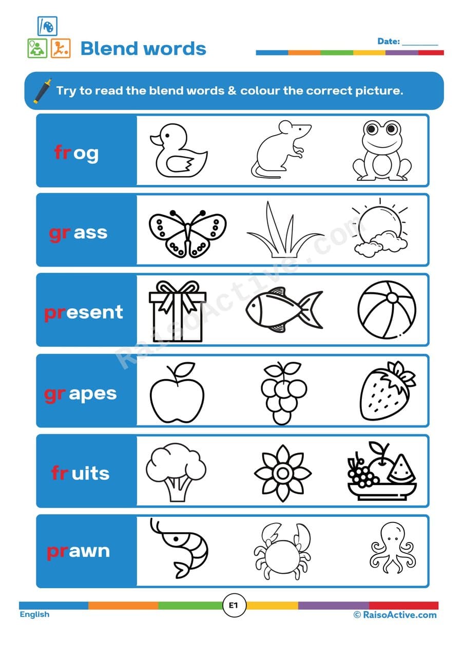 Blend Words Coloring Worksheet for Preschoolers