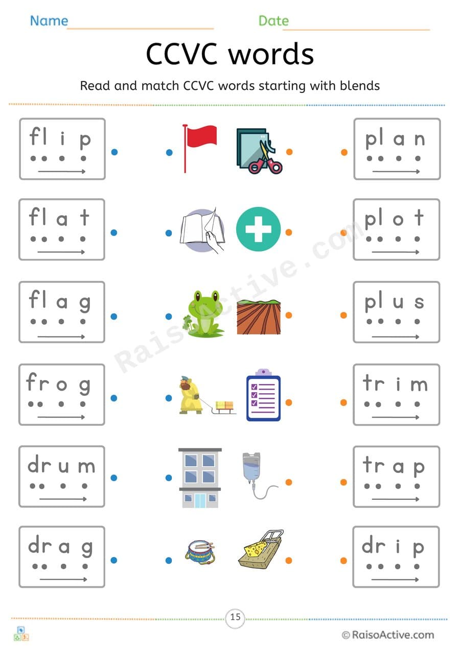 CCVC Words with fl, fr, dr, pl and tr Blends Read and Match Worksheet – free printable matching worksheet preview