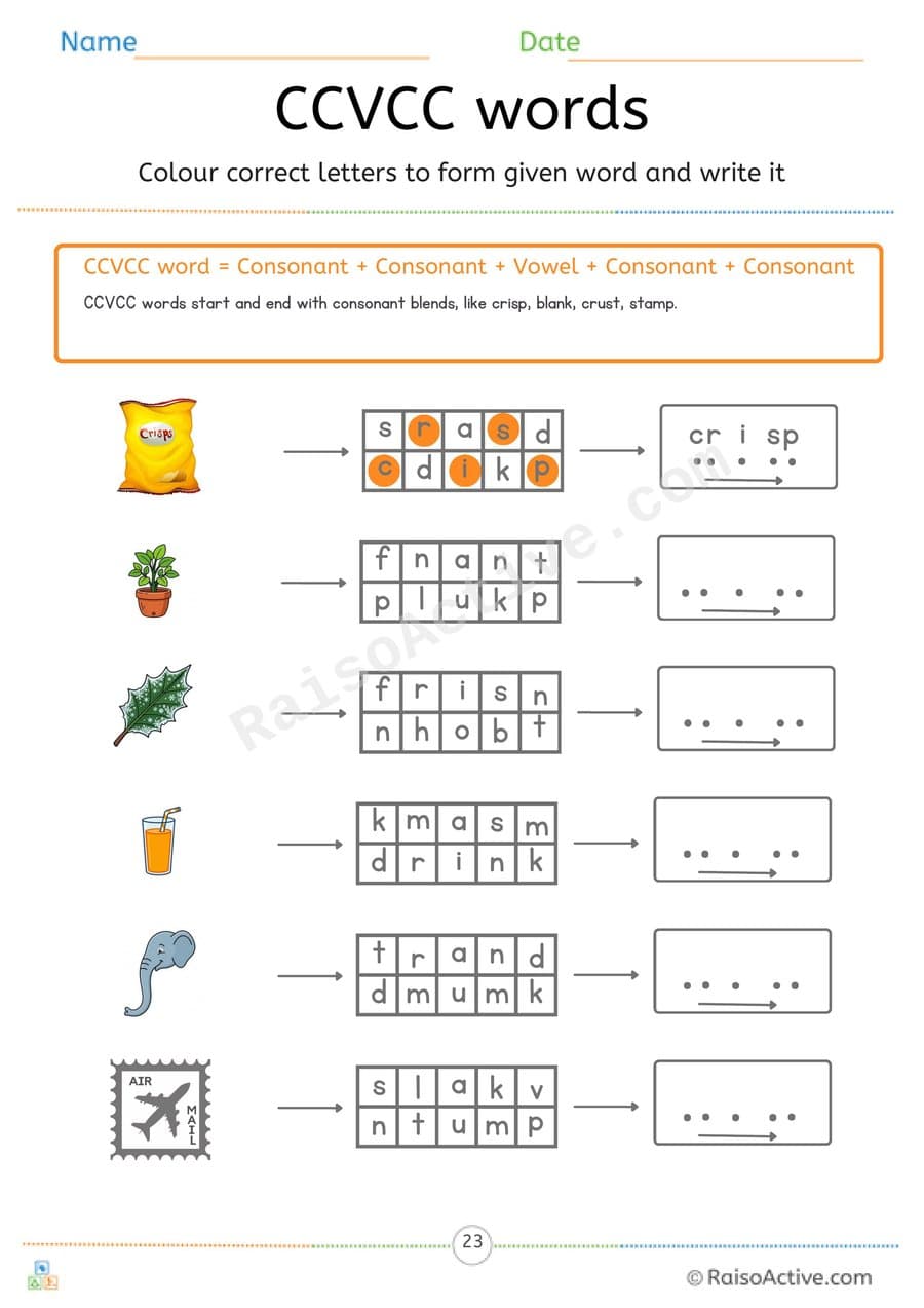 CCVCC Words Colour the Letters and Write Worksheet – free printable writing worksheet preview