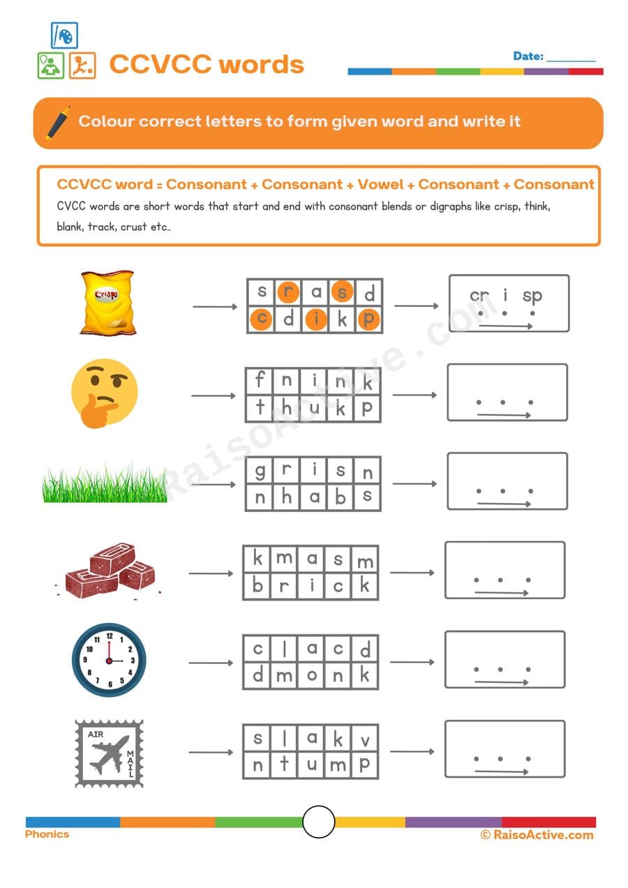CCVCC Word Worksheet: Color and Write!