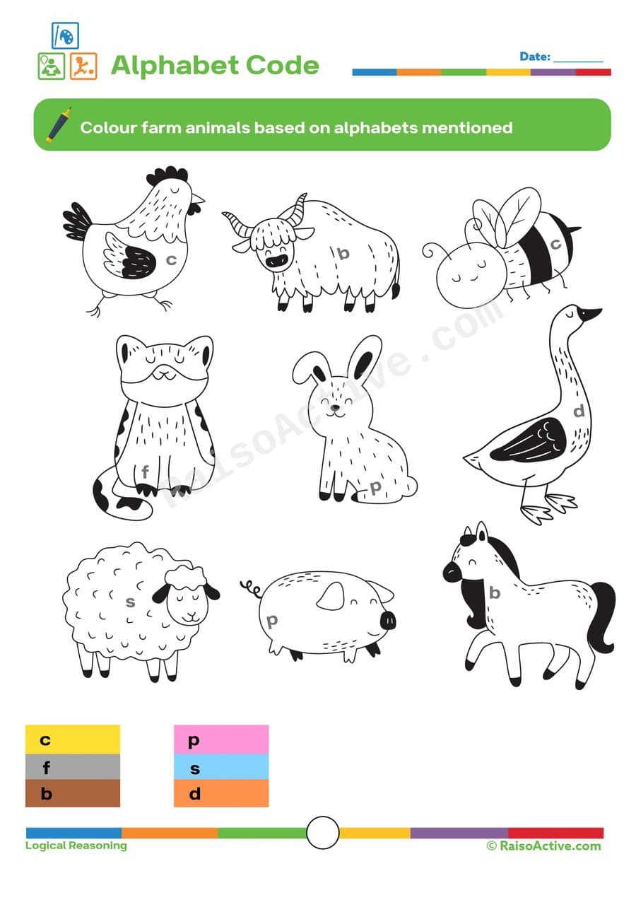 Color the Farm Animals! Alphabet Code Worksheet