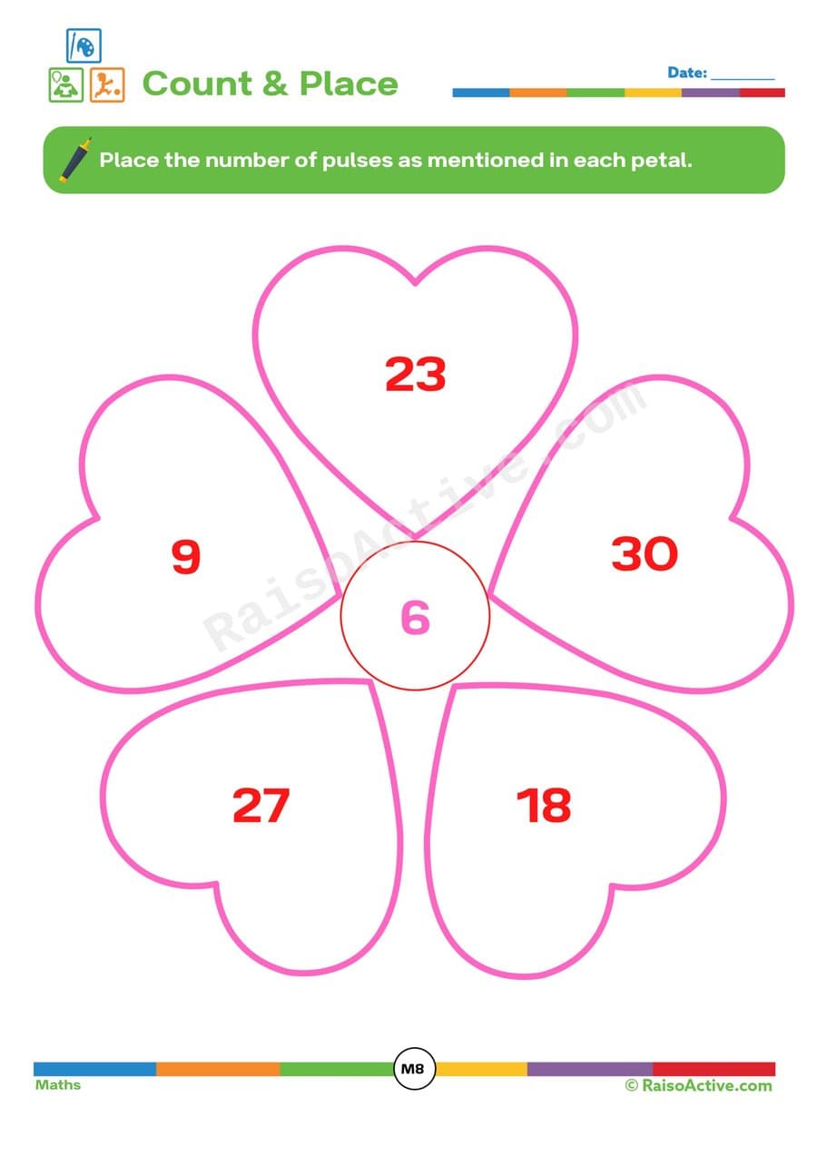 Count and Place: Heart Petals Worksheet