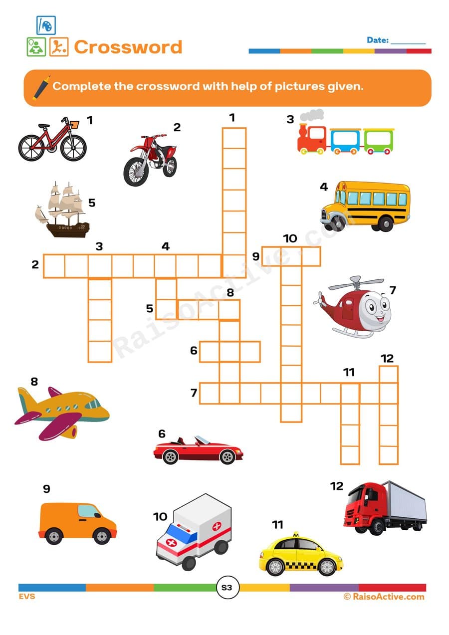 Crossword Puzzle: Vehicles Worksheet for Kids