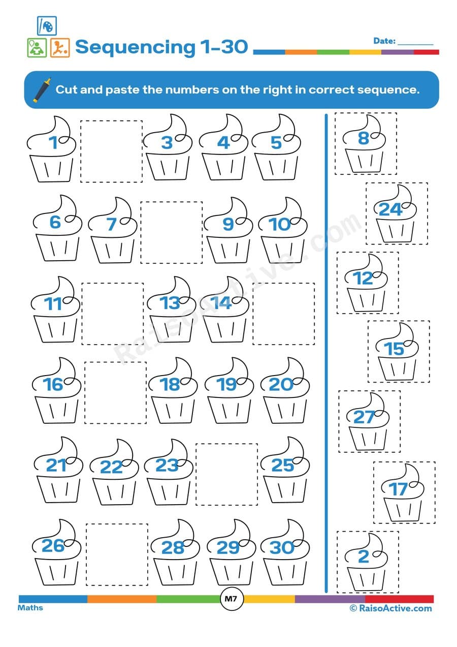 Cupcake Number Sequencing Worksheet 1-30