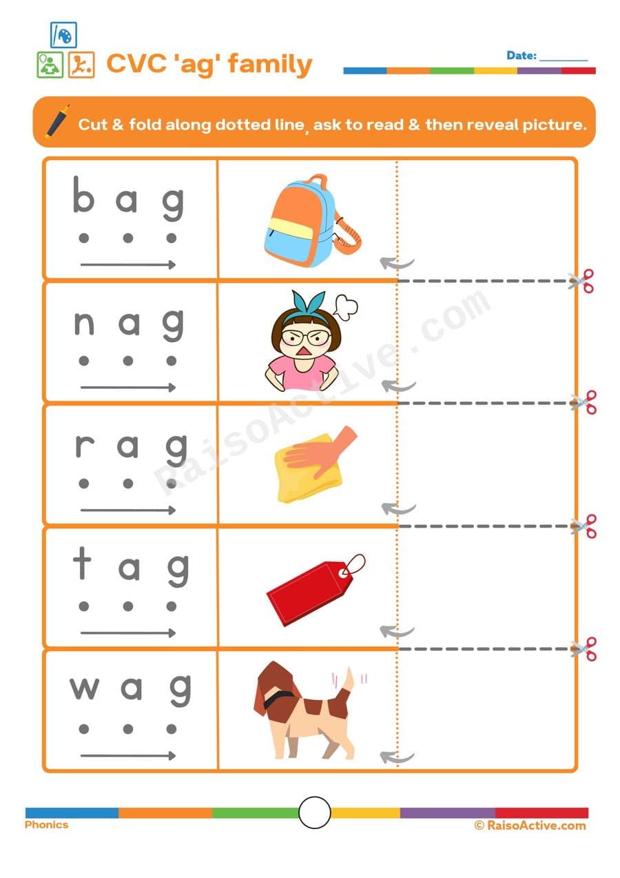 CVC 'ag' Family Worksheet: Read, Cut, and Reveal!