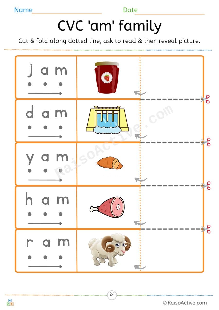 CVC 'am' Word Family Read and Reveal Worksheet – free printable reading worksheet preview