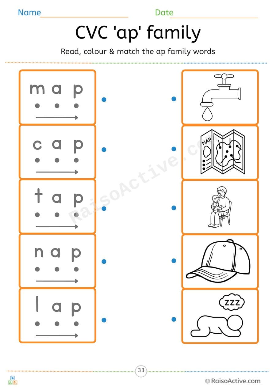 CVC 'ap' Word Family Read, Colour and Match Worksheet – free printable matching worksheet preview