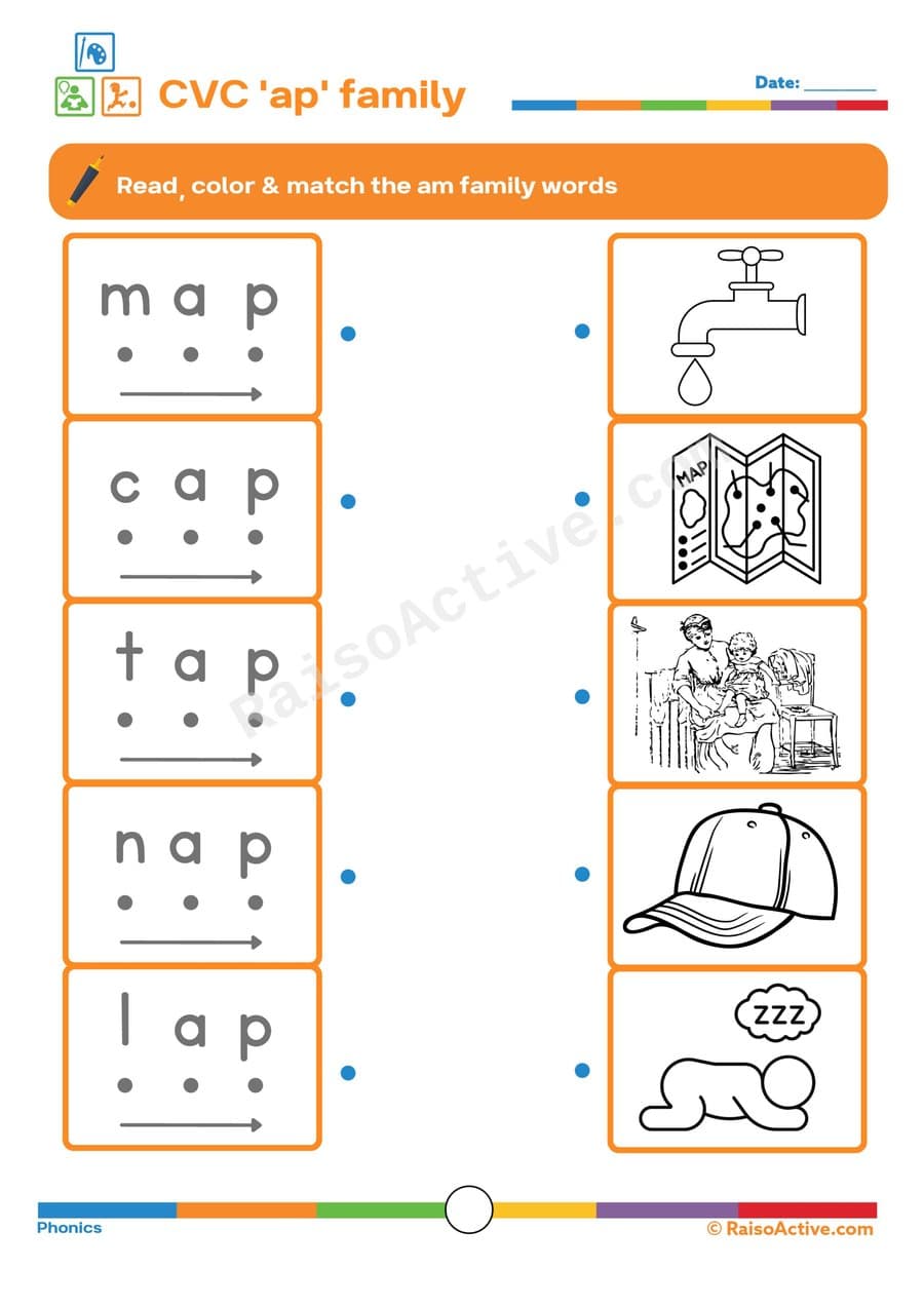 CVC 'ap' Family Worksheet: Read, Color & Match!