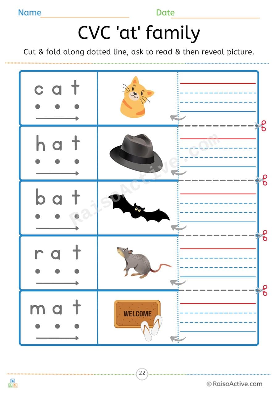 CVC 'at' Word Family Read and Reveal Worksheet – free printable reading worksheet preview