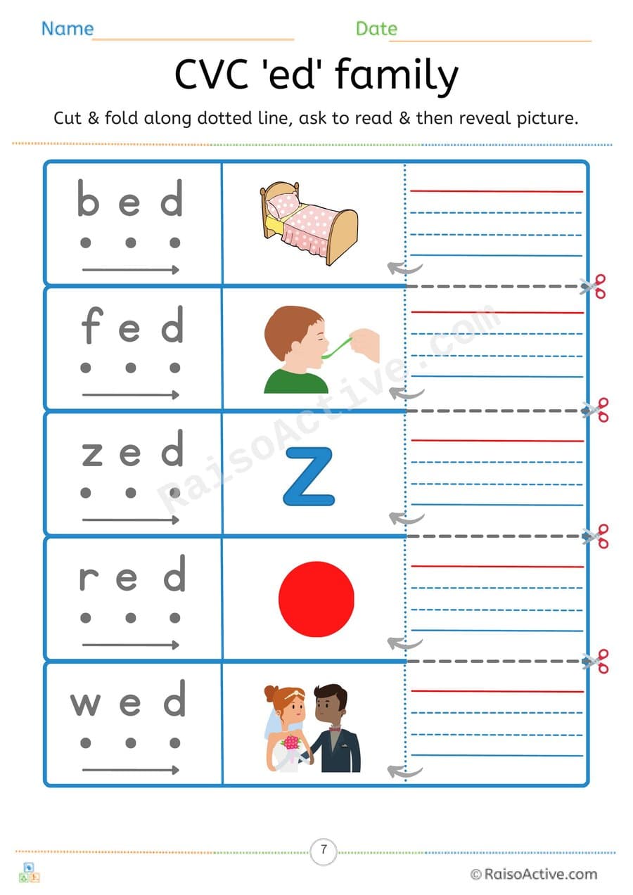 CVC 'ed' Word Family Read, Cut and Reveal Worksheet – free printable reading worksheet preview
