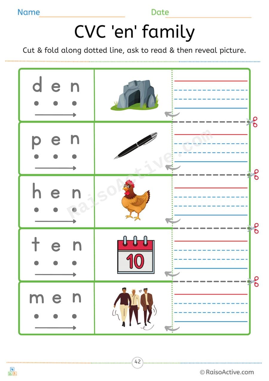 CVC 'en' Word Family Read and Reveal Worksheet – free printable reading worksheet preview