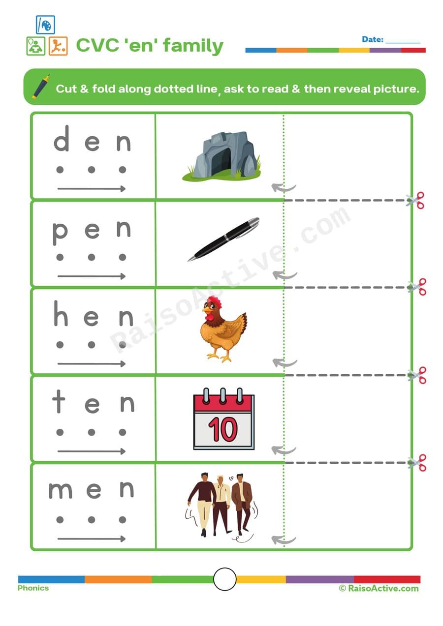 CVC 'en' Family Worksheet: Read, Cut, and Reveal!