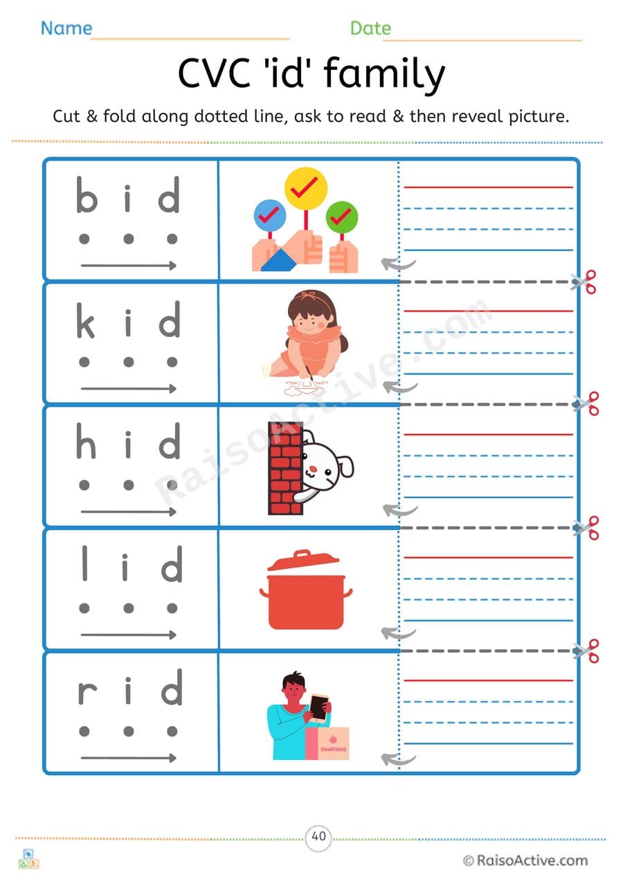 CVC 'id' Word Family Read and Reveal Worksheet – free printable reading worksheet preview