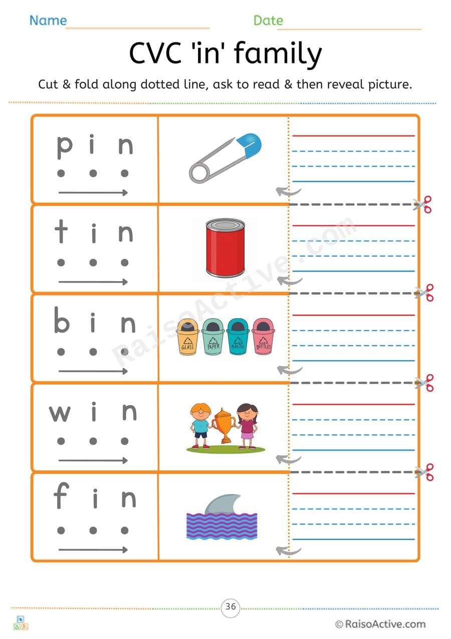 CVC 'in' Word Family Read and Reveal Worksheet – free printable reading worksheet preview
