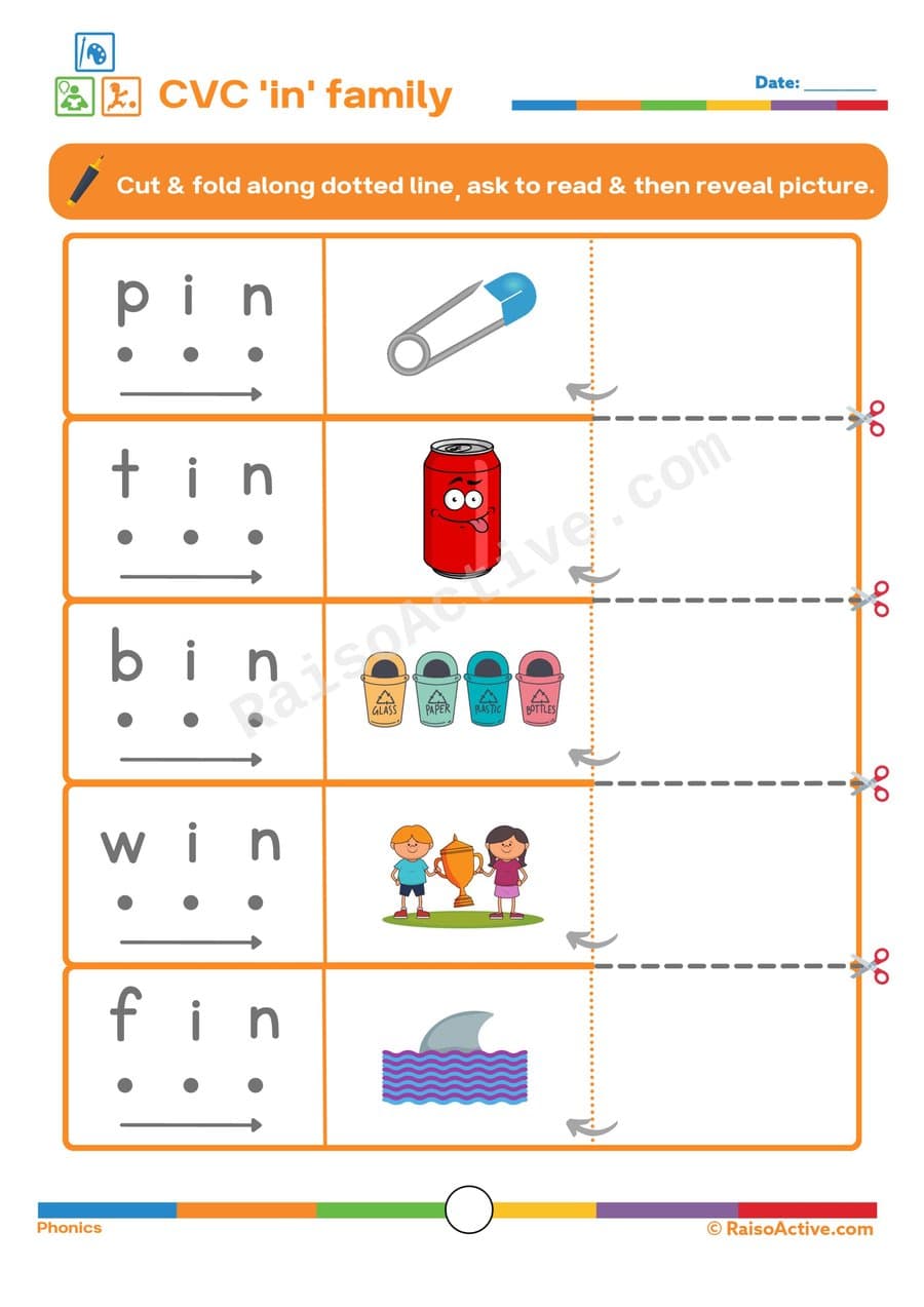 CVC 'in' Family Worksheet: Read, Cut, and Match!