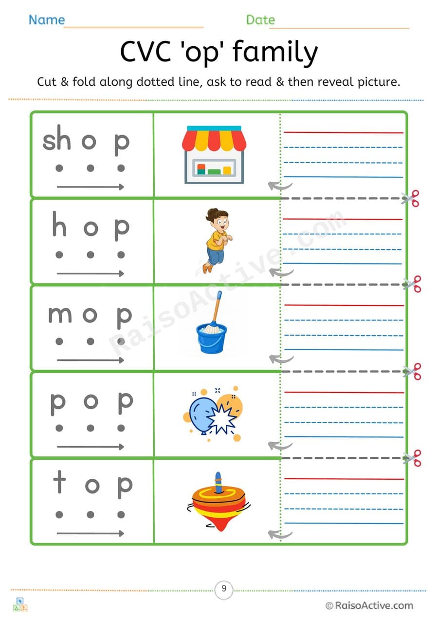 CVC 'op' Word Family Read, Cut and Reveal Worksheet – free printable reading worksheet preview