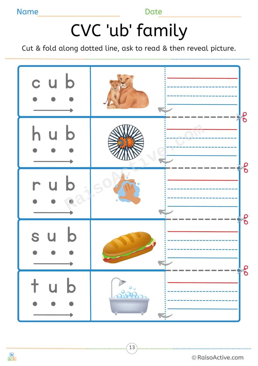 CVC 'ub' Word Family Read, Cut and Reveal Worksheet – free printable reading worksheet preview