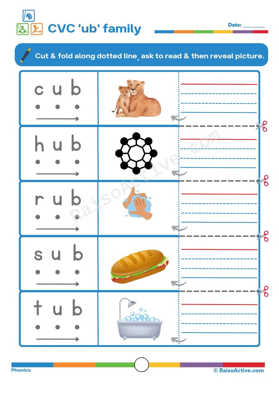 CVC 'ub' Family Worksheet: Read, Match, and Reveal!