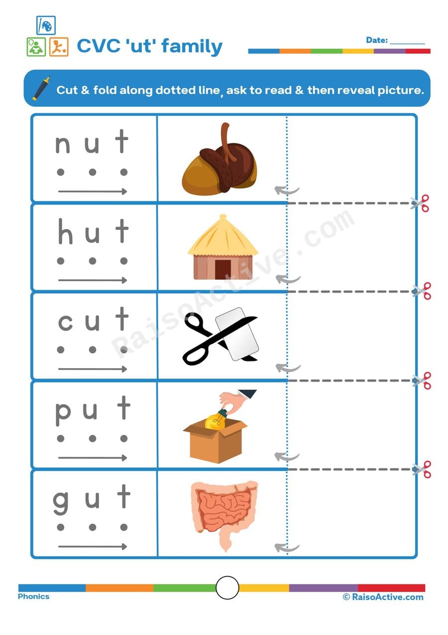 CVC 'ut' Family Worksheet: Read, Cut, and Match!