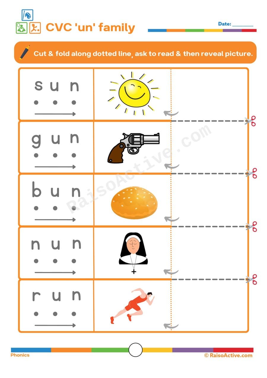 CVC Word Family 'un' Worksheet: Read, Cut, and Match!