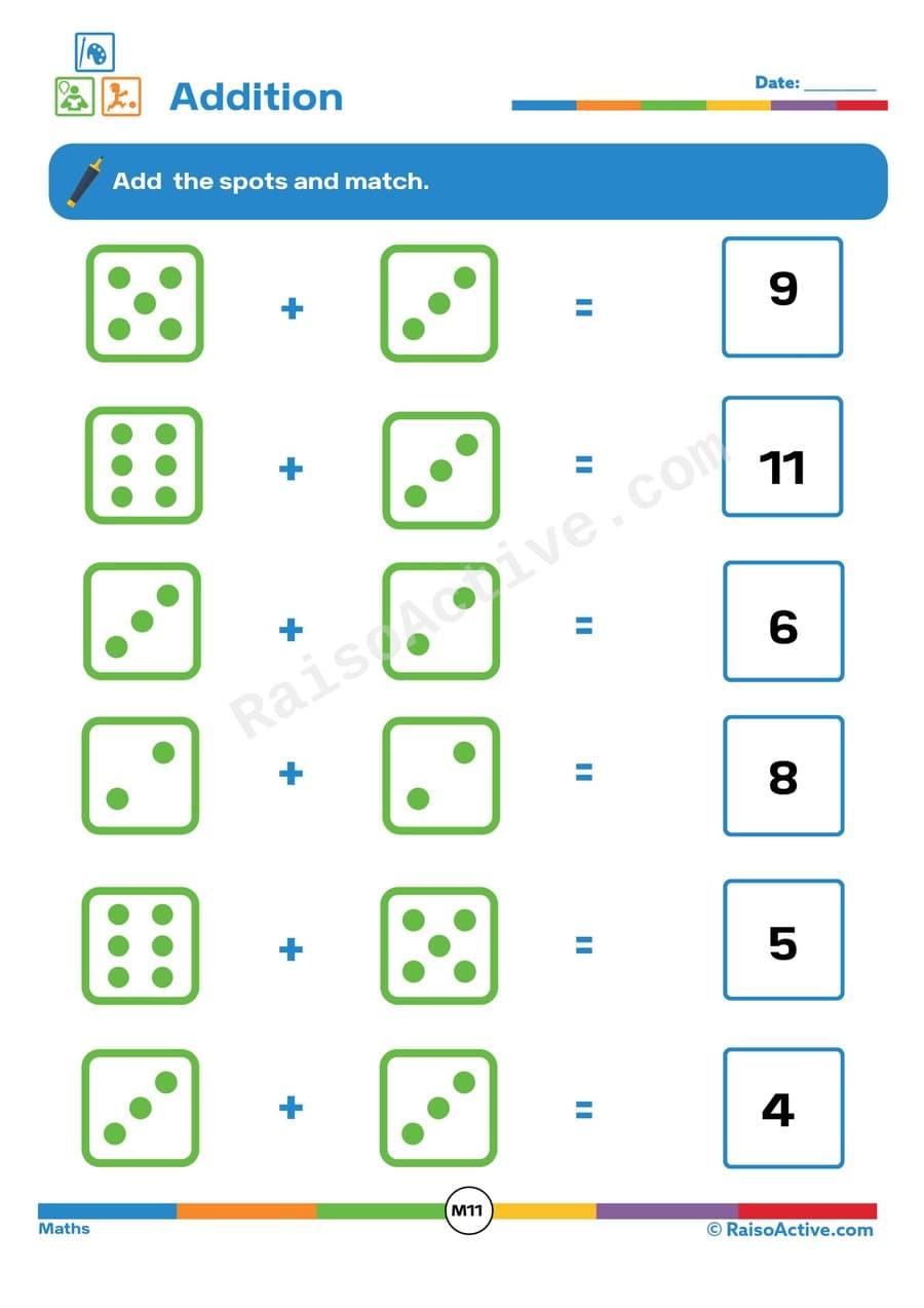 Dice Addition Worksheet: Add the Spots and Match!