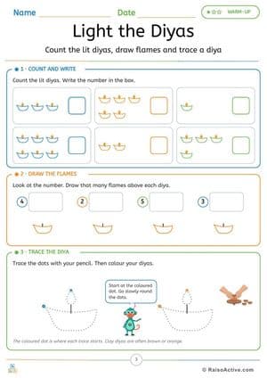 Diwali Fun Time Little Stars Activity Pack: Counting, Rangoli, Crafts & Stories for Ages 4-6, Page 3