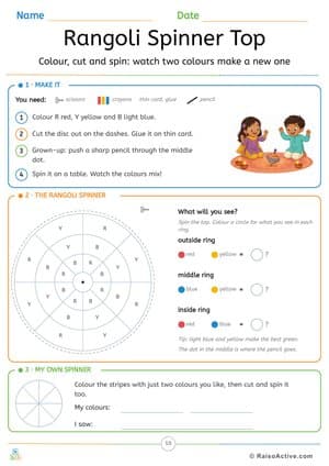 Rangoli Spinner Top: Colour Mixing Craft for Diwali – free printable activity worksheet preview