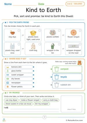 Kind to Earth This Diwali: Eco Choices and Waste Sorting Worksheet – free printable sorting worksheet preview