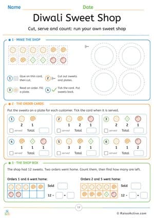 Diwali Sweet Shop Game: Cut, Serve and Count Orders – free printable activity worksheet preview