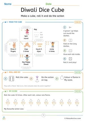 Diwali Dice Cube: Make a Cube and Do the Action – free printable activity worksheet preview